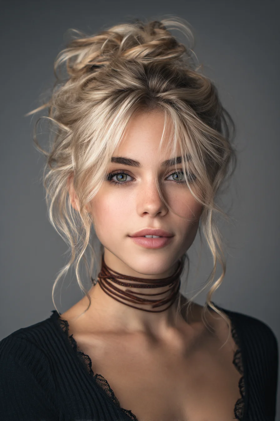 Textured Messy Top Knot with Wispy Face‑Framing Curtain Bangs
