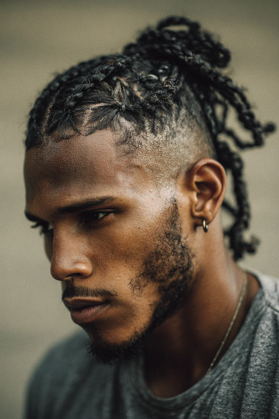 Textured Mini-Braids with Low Skin Fade Pulled Into a Top Knot