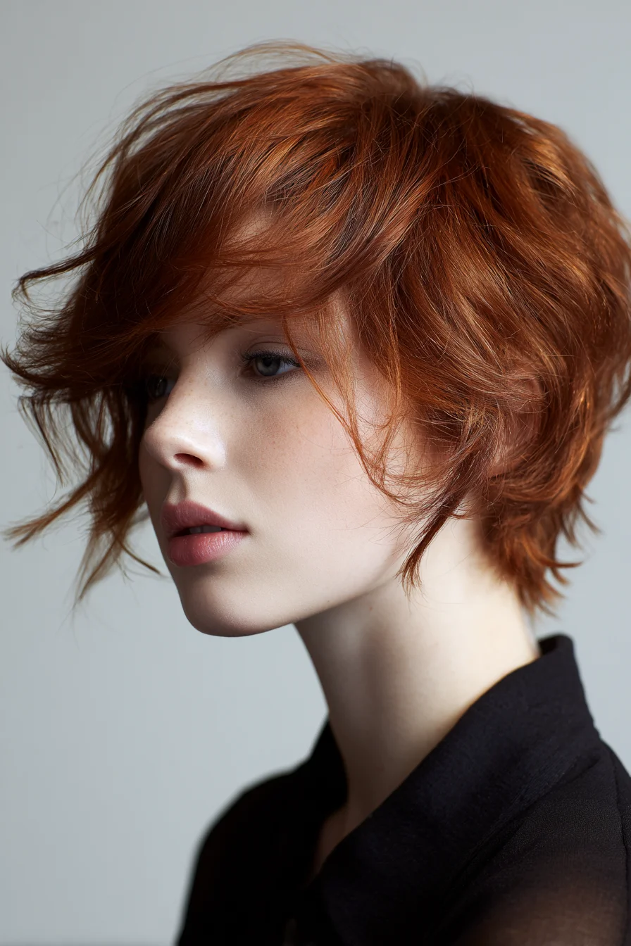 Textured Red Shag Pixie with Long Side‑Swept Fringe