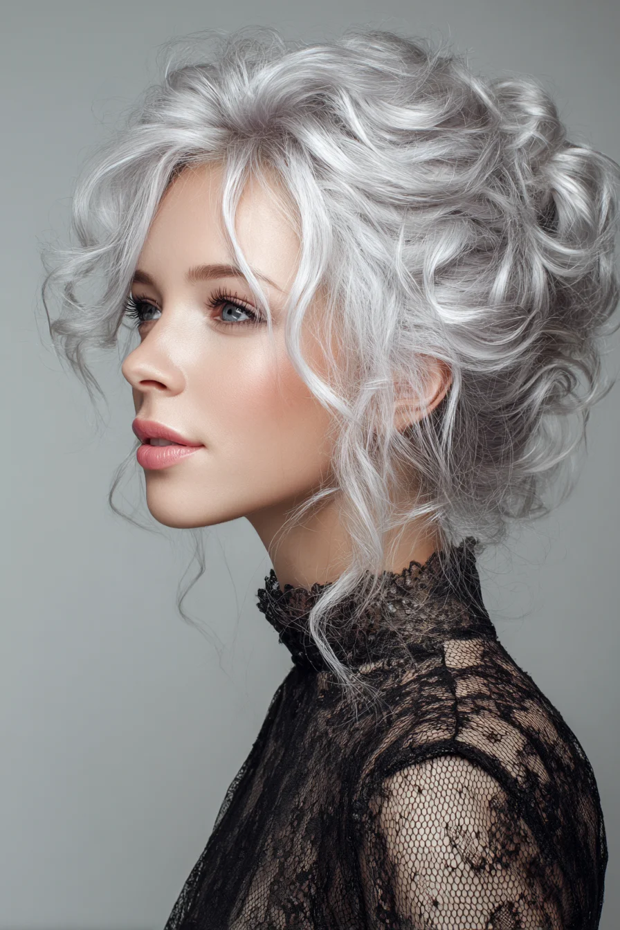 Textured Romantic Low Updo with Loose Curls and Face‑Framing Tendrils