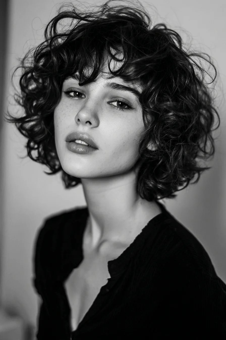 Textured Short Curly Bob with Soft Fringe