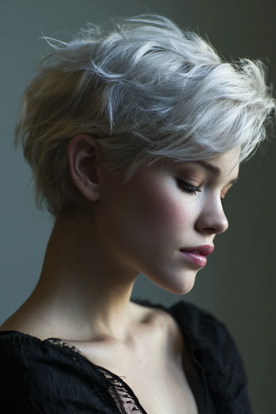Textured Silver Pixie — Short Layered Tousled Crop with Side Fringe