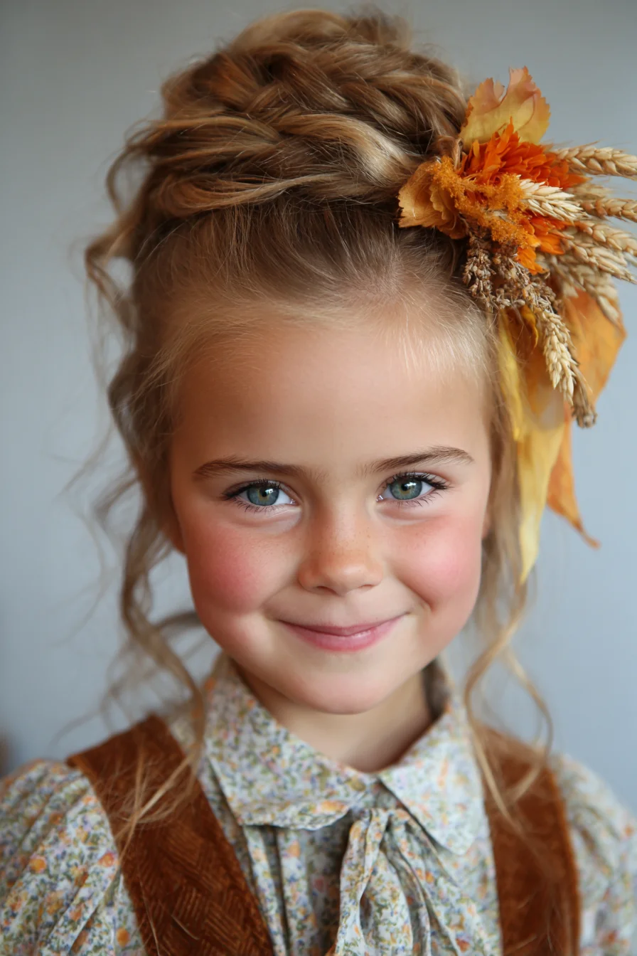 Textured Tousled Updo with Braided Crown and Dried Flower Accent