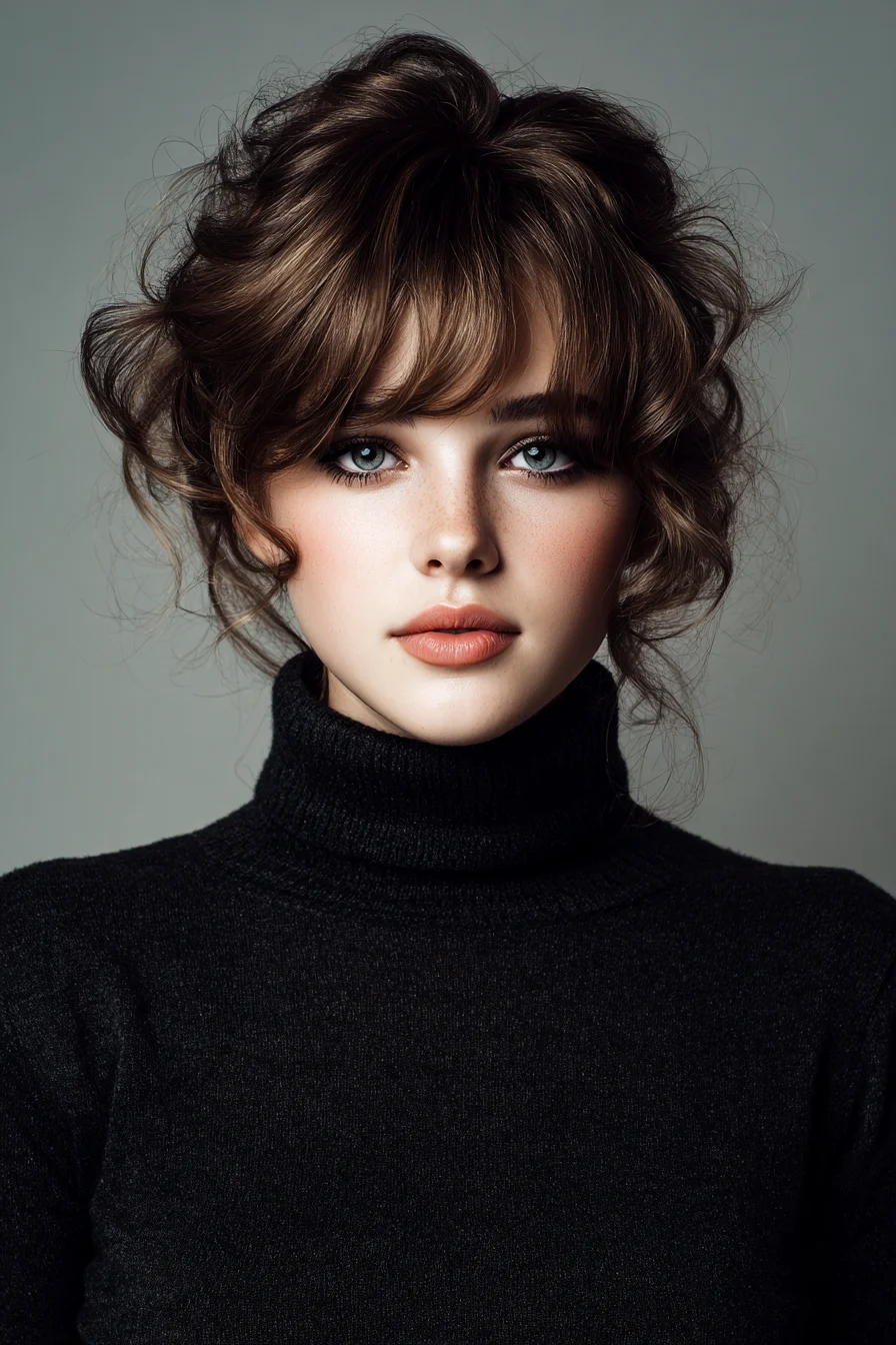 Textured Tousled Updo with Curtain Bangs and Face‑Framing Tendrils