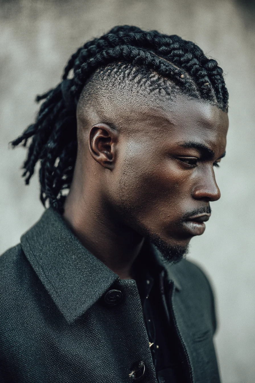 Thick Feed‑In Cornrows into Short Dread Pony with High Skin Fade