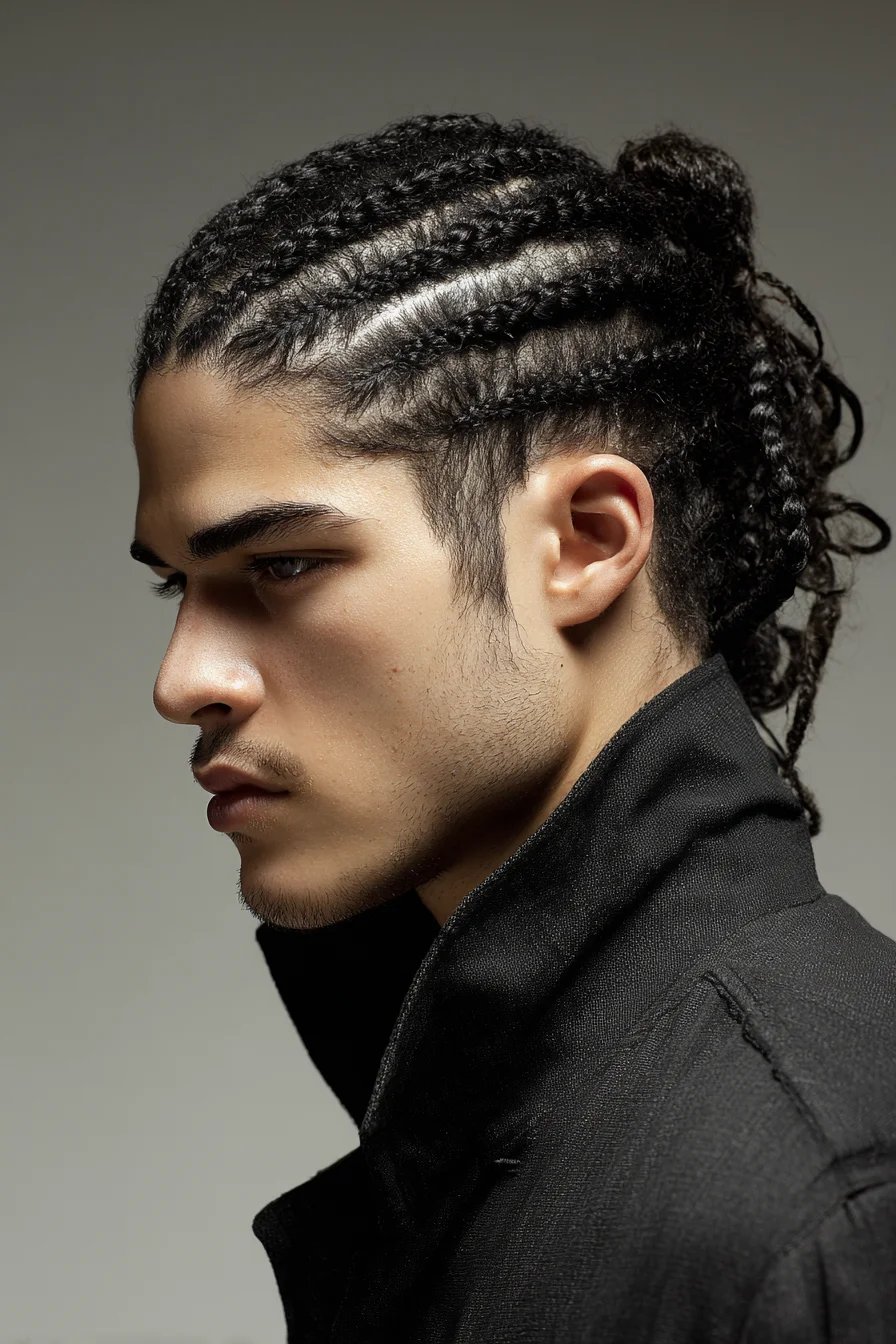 Tight Cornrow Braids with Low Braided Bun — Mens Protective Style