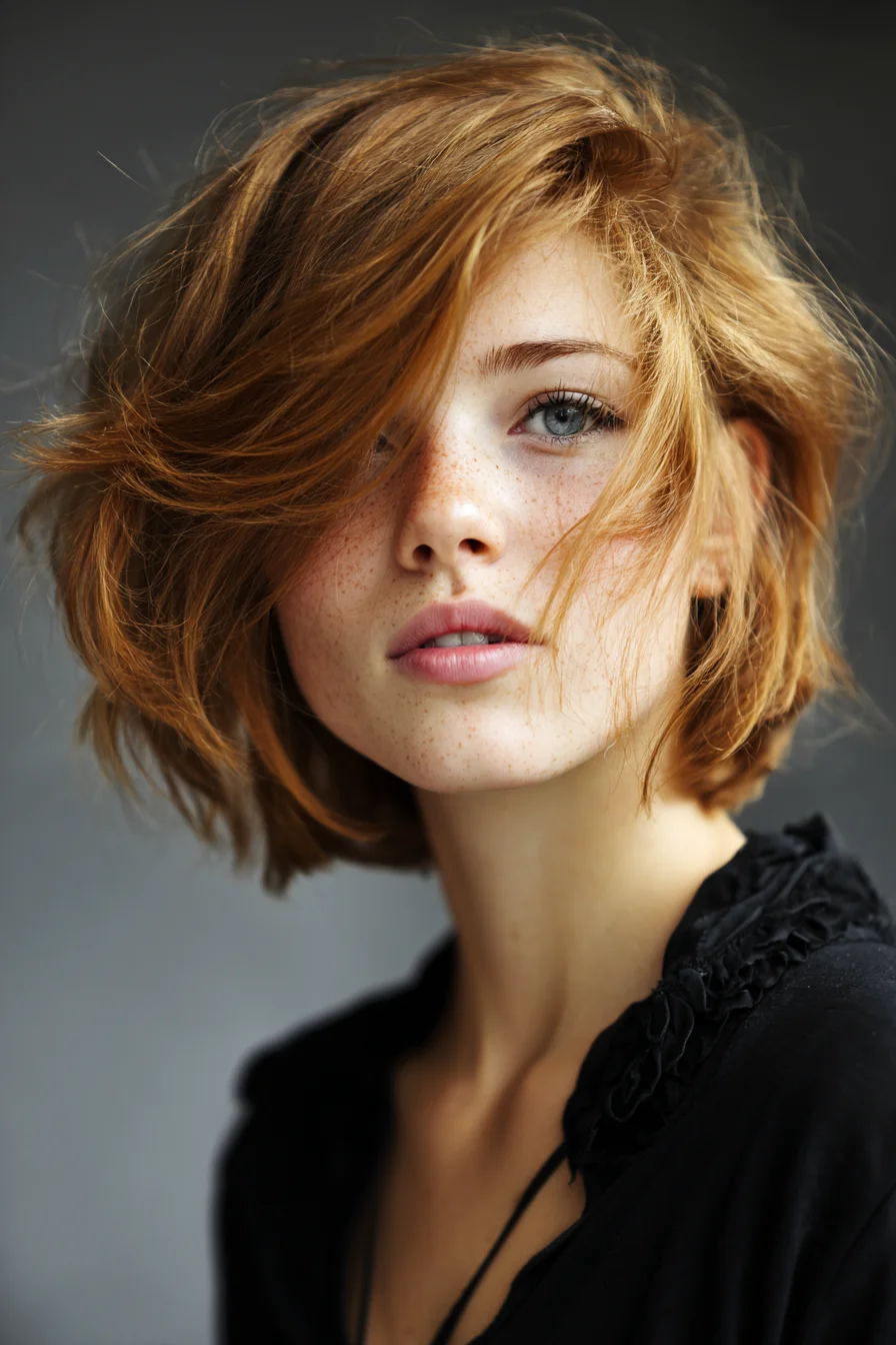 Tousled Layered Red Bob with Side‑Swept Fringe