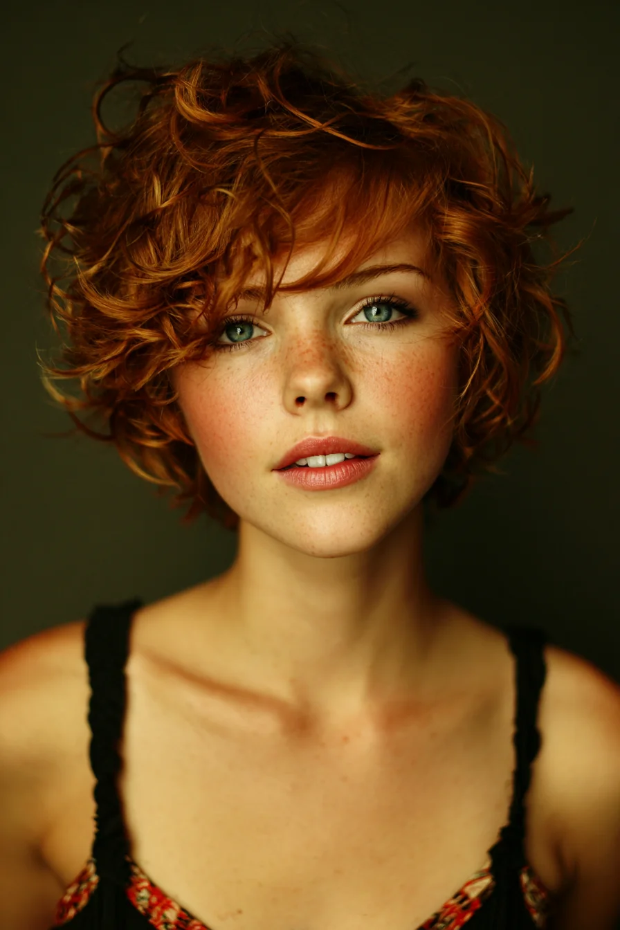 Tousled Short Curly Pixie — Red Textured Crop with Side‑Swept Fringe