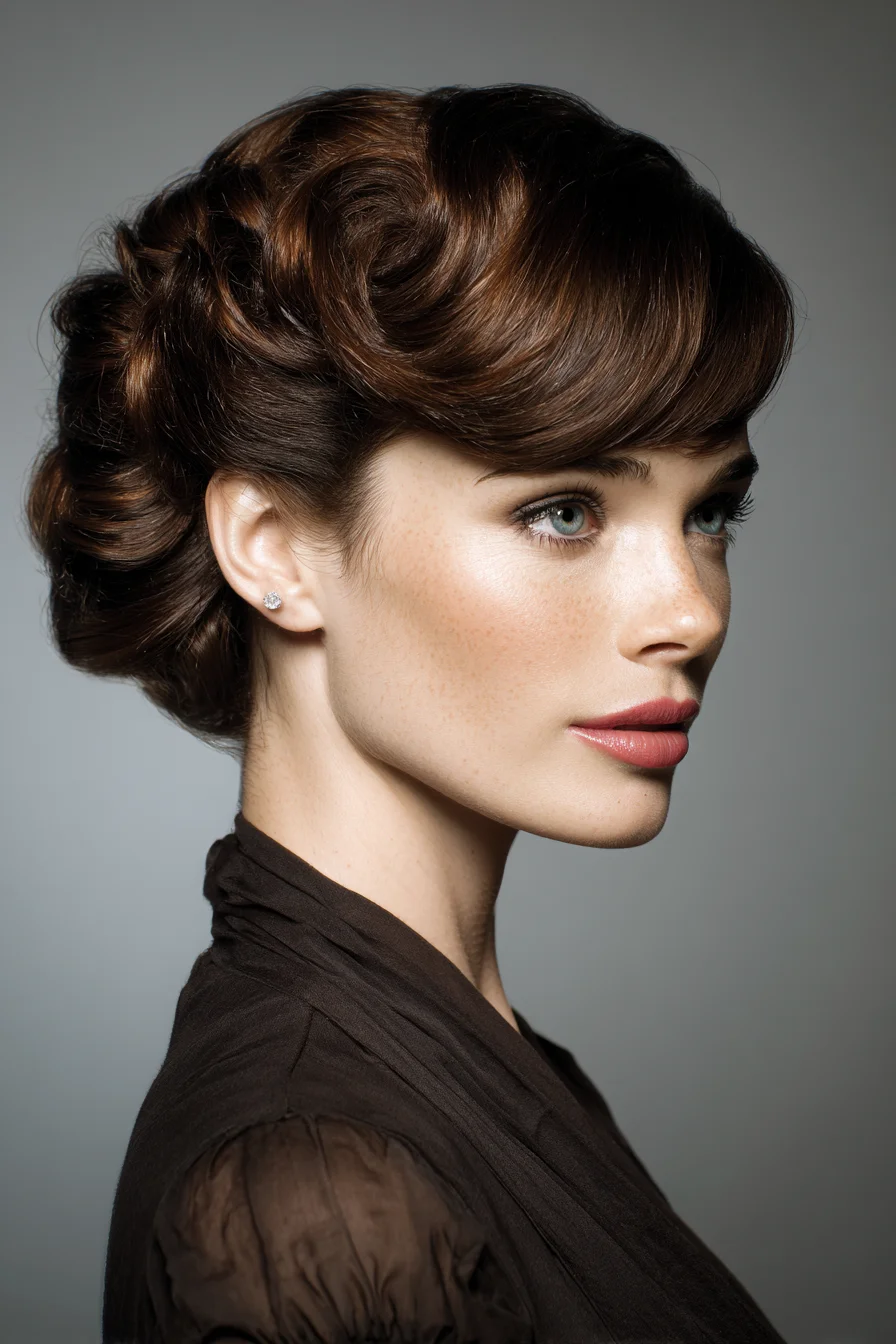 Vintage Rolled Updo with Soft Side-Swept Fringe