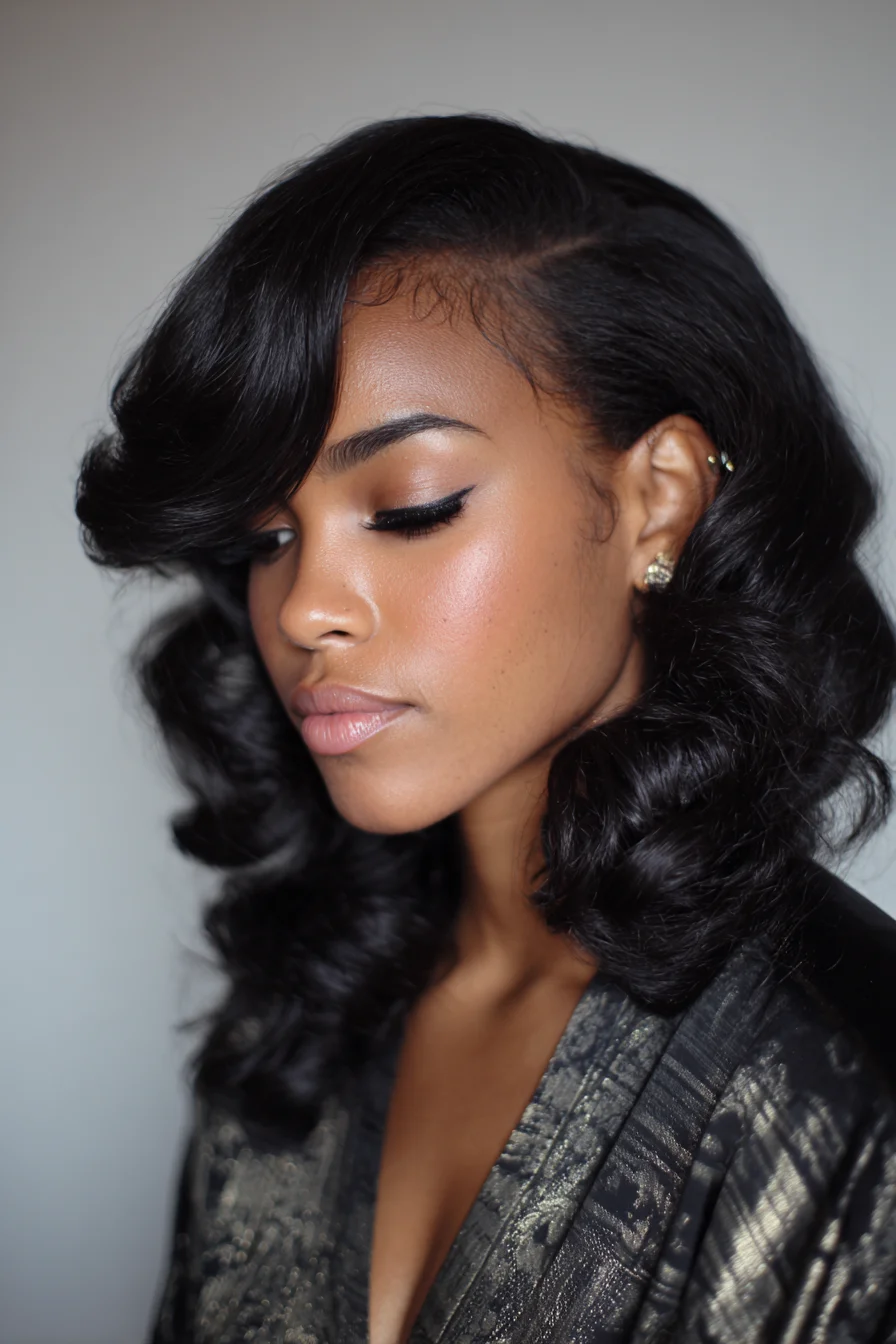 Vintage Side-Parted Hollywood Waves — Glossy Deep Curls for Medium-Long Hair