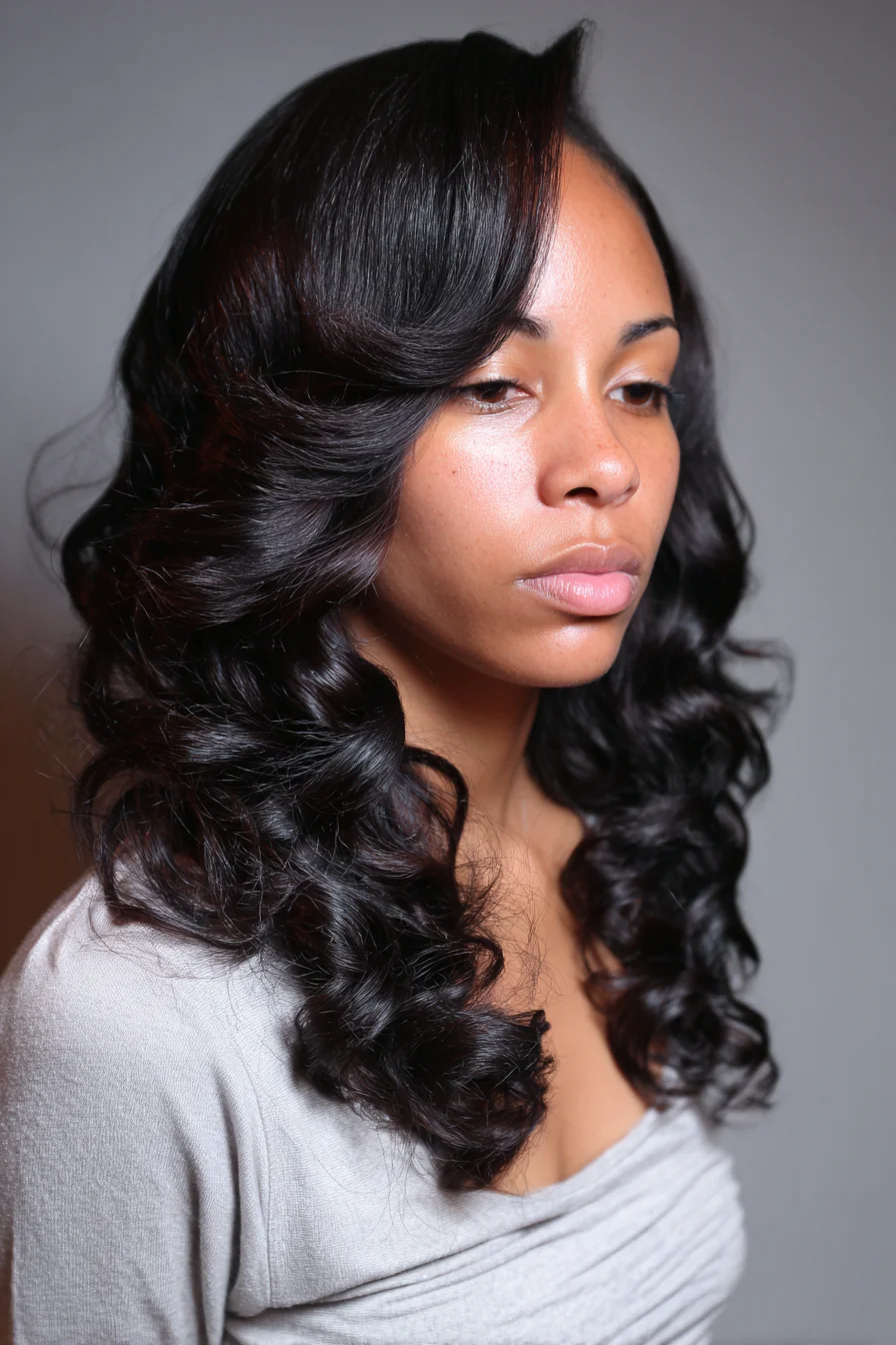Voluminous Deep Side-Part Barrel Curls on Long Layers