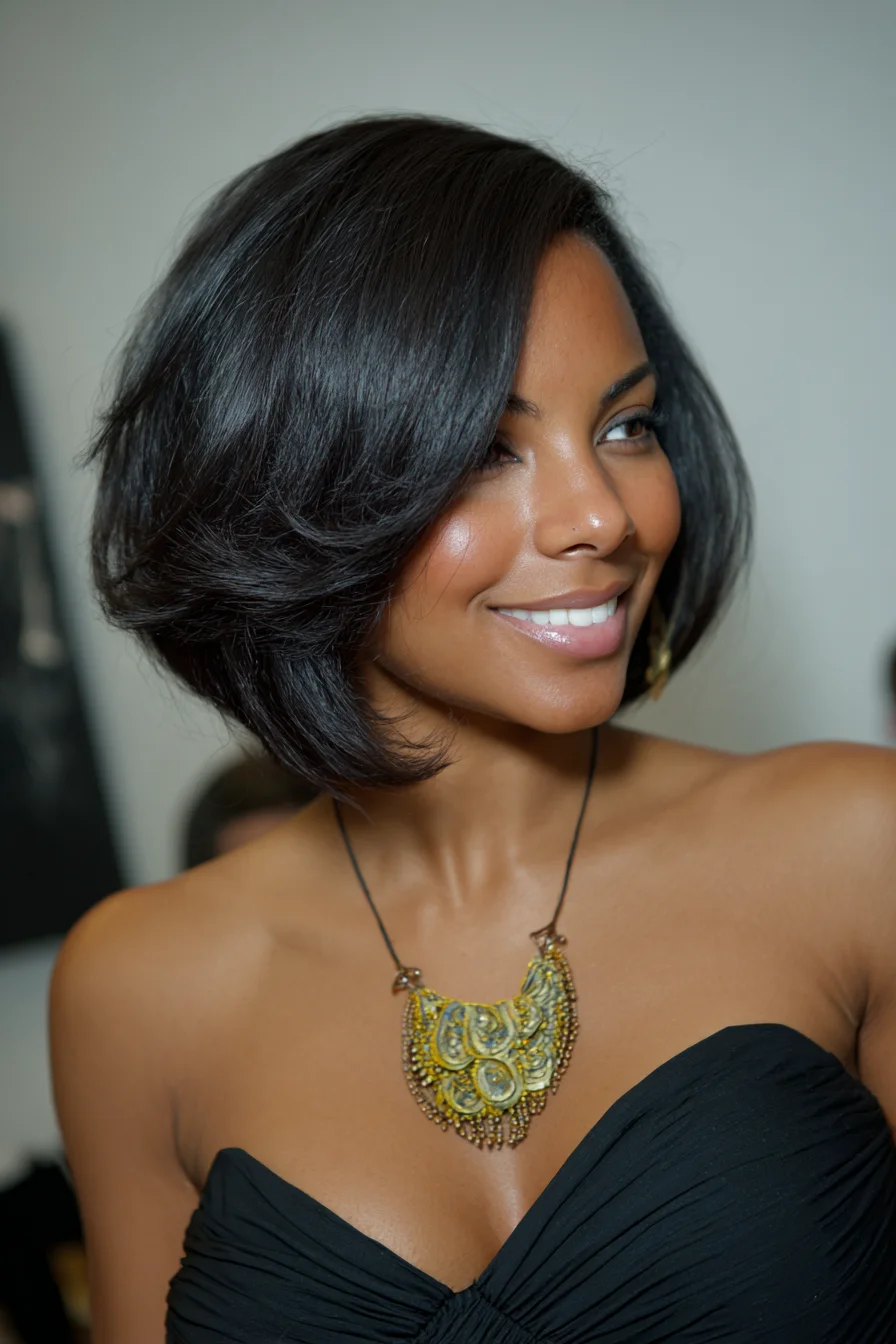 Voluminous Layered Angled Bob with Side‑Swept Fringe