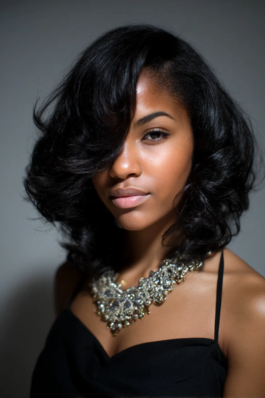 Voluminous Layered Bob with Side-Swept Bangs — Smooth Blowout Finish