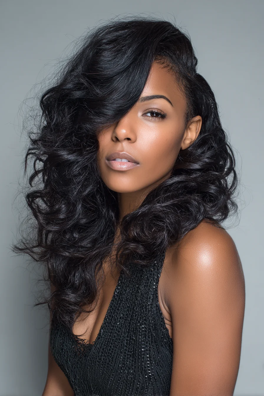 Voluminous Side‑Swept Waves — Long Layered Glam Hairstyle