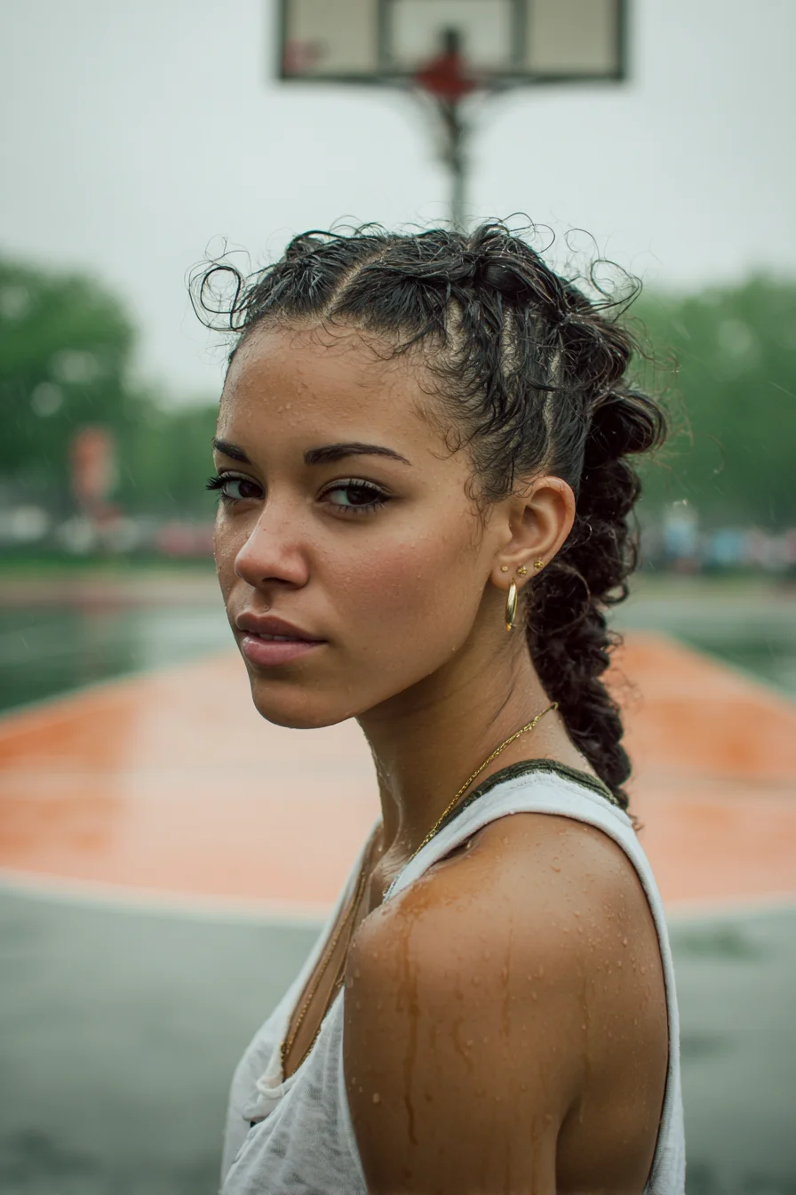 Wet-Look Feed-In Cornrows into Single Braided Ponytail