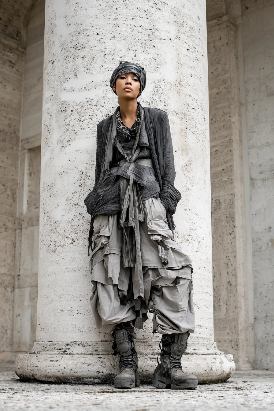 Avant-garde grey layers meet ancient stone