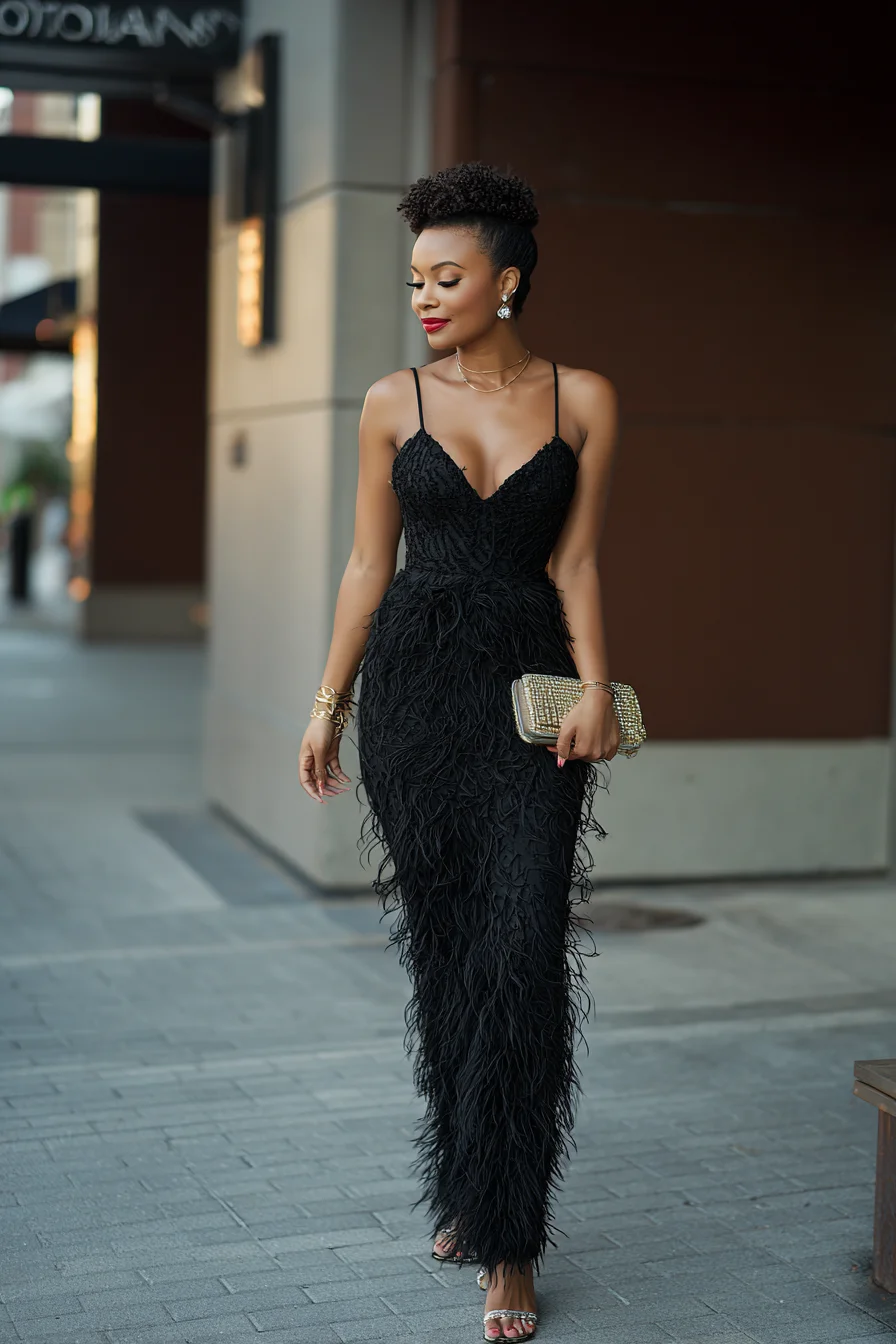 Black Feather Gown, City Sidewalk