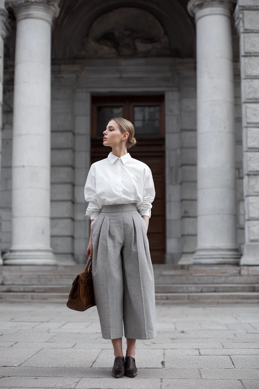 Crisp Whites and Wide-Leg Grey