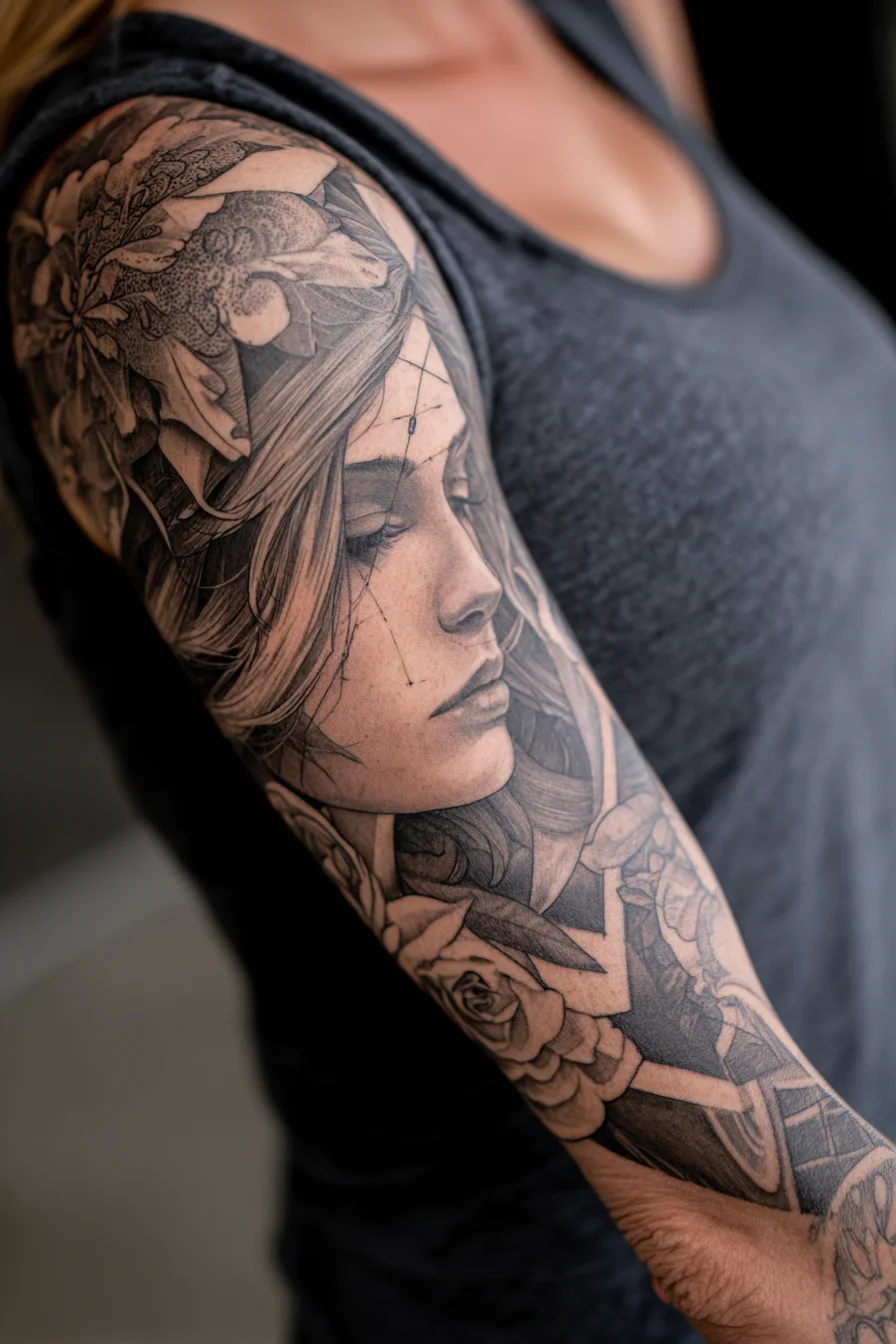 Fine Line Portrait Sleeve in Black and Grey