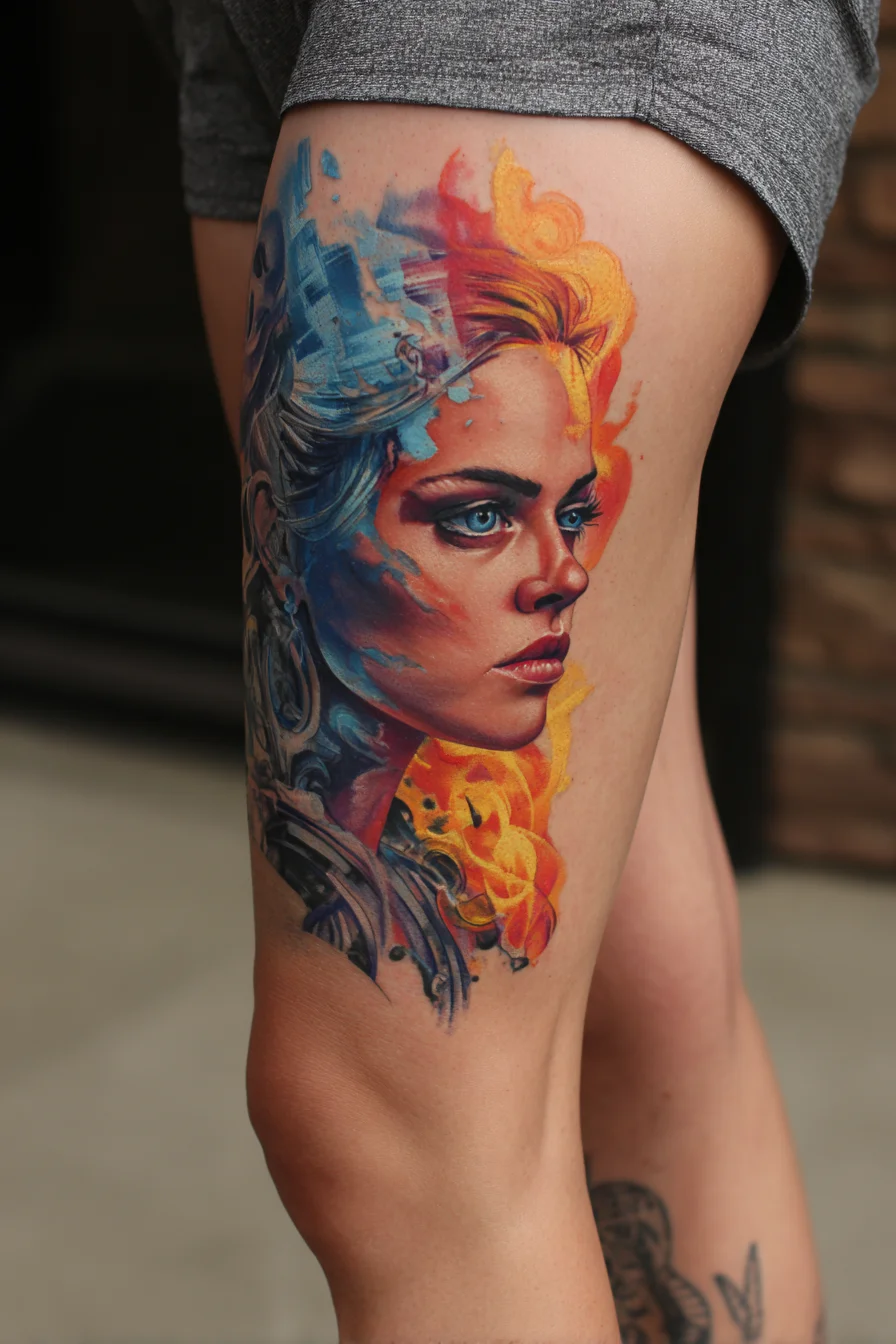 Fire and Ice Portrait Thigh Tattoo