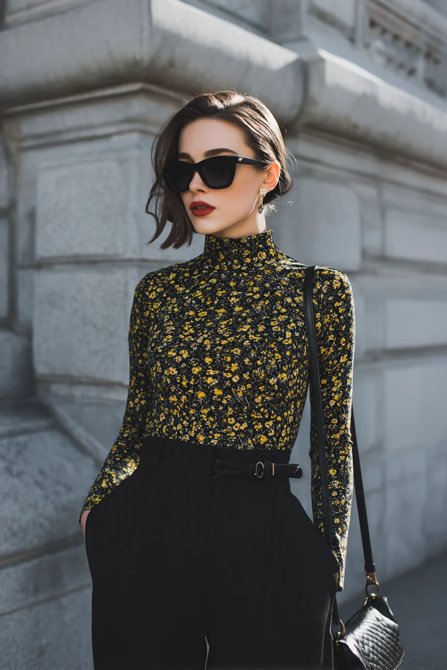 Floral Turtleneck Meets Tailored Black
