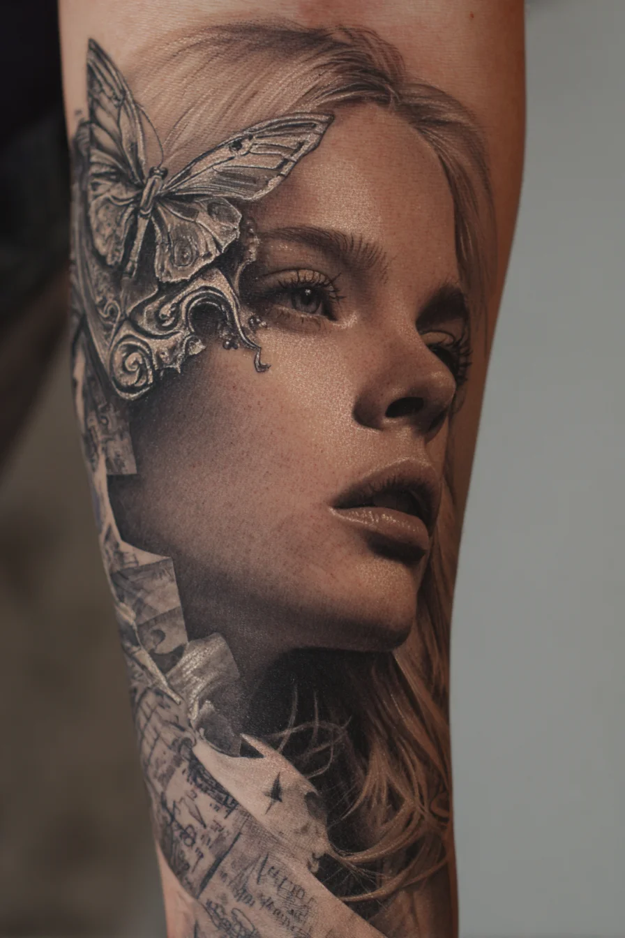 Ink Portrait With a Butterfly Mask