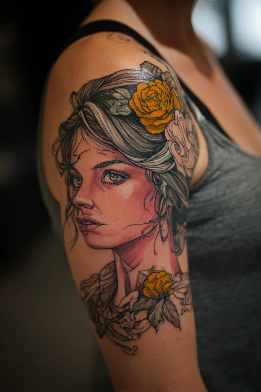 Portrait in Ink and Yellow Roses