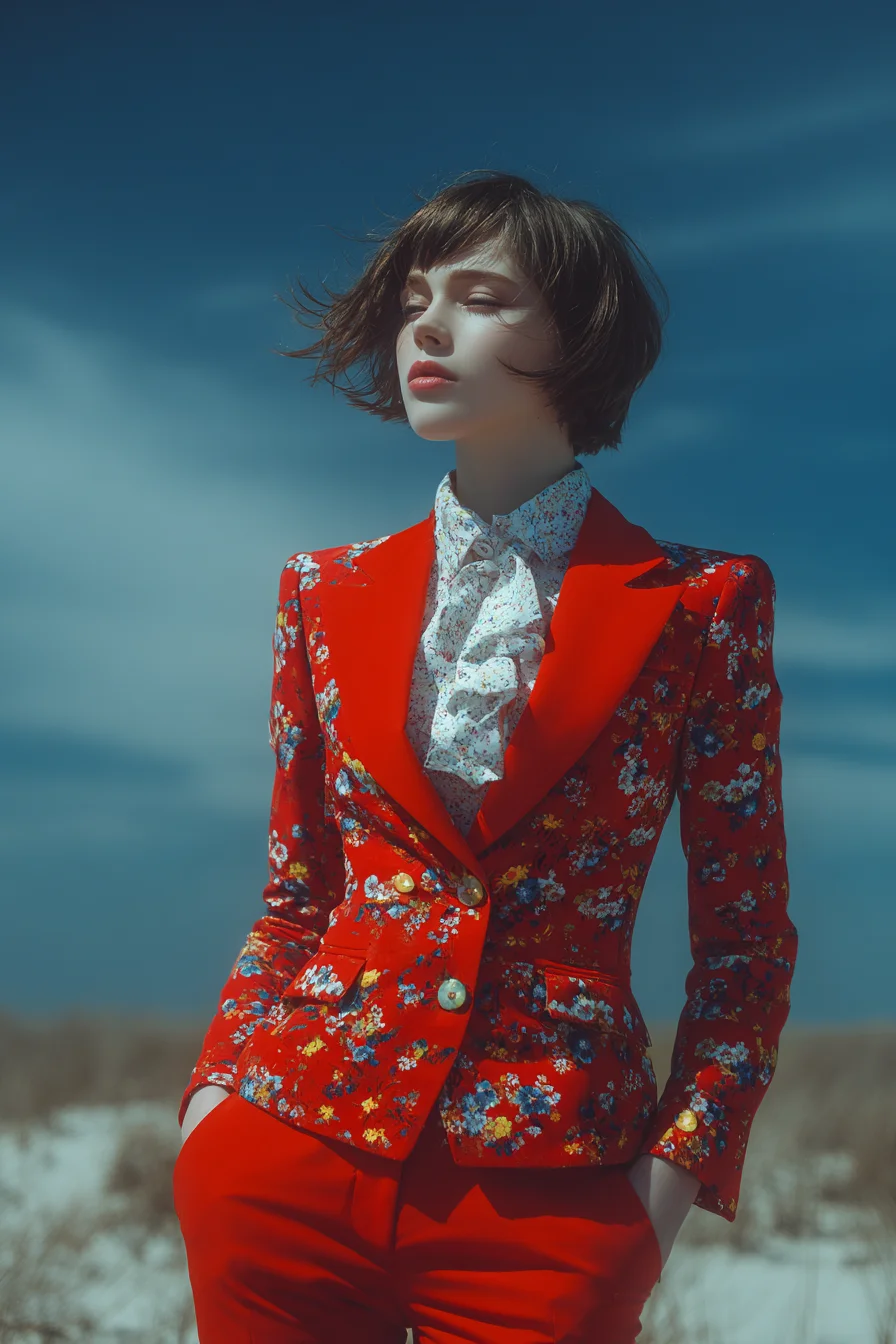 Red Floral Power Suit in the Open Air