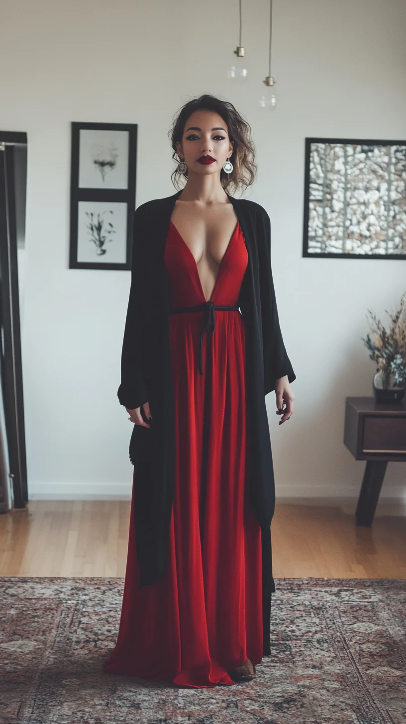 Bold Elegance: Embrace Glamour with a Striking Red Maxi and Chic Black Kimono