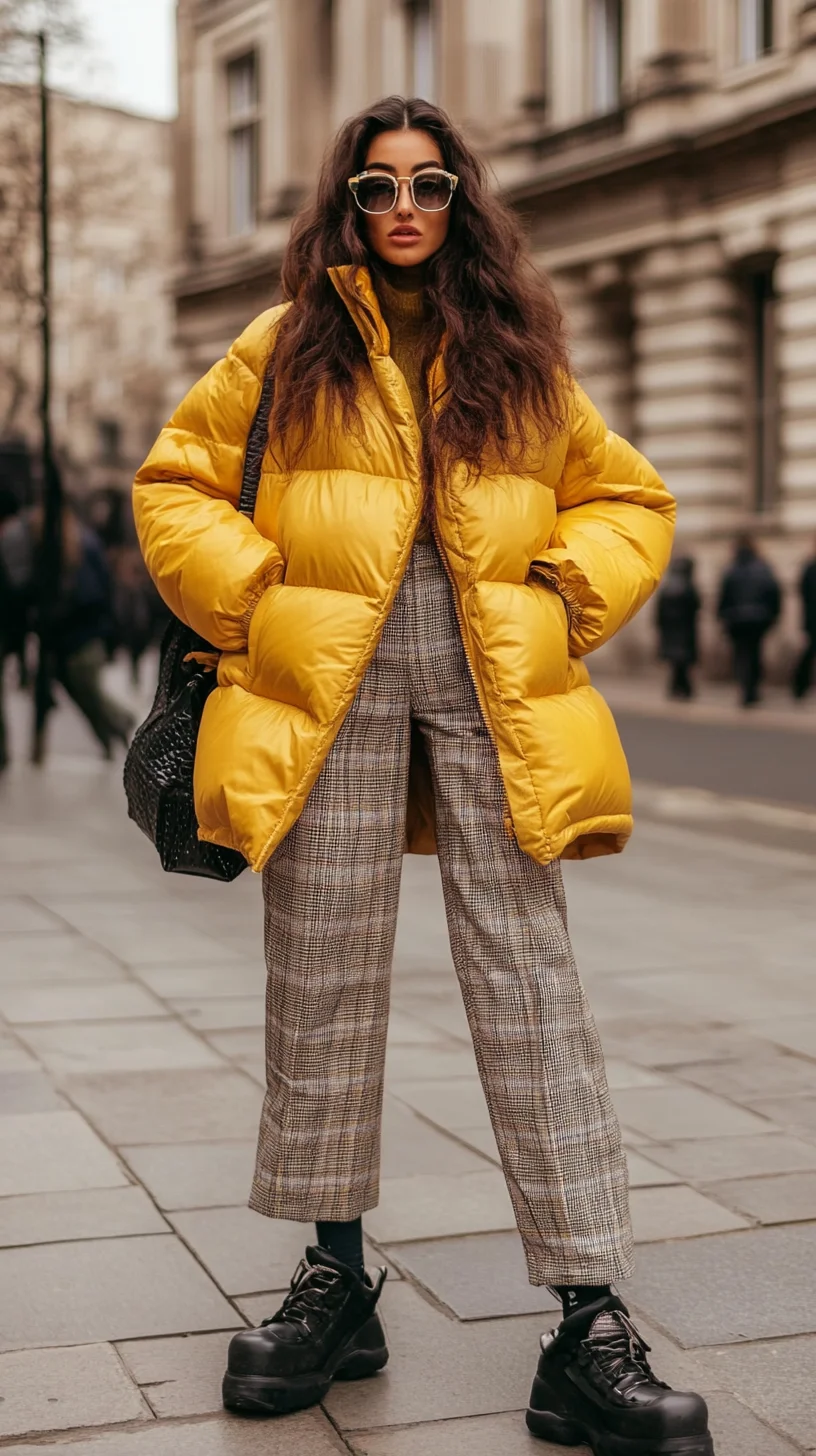 Bright & Bold: Mastering Chic Layering with a Statement Puffer and Plaid Trousers