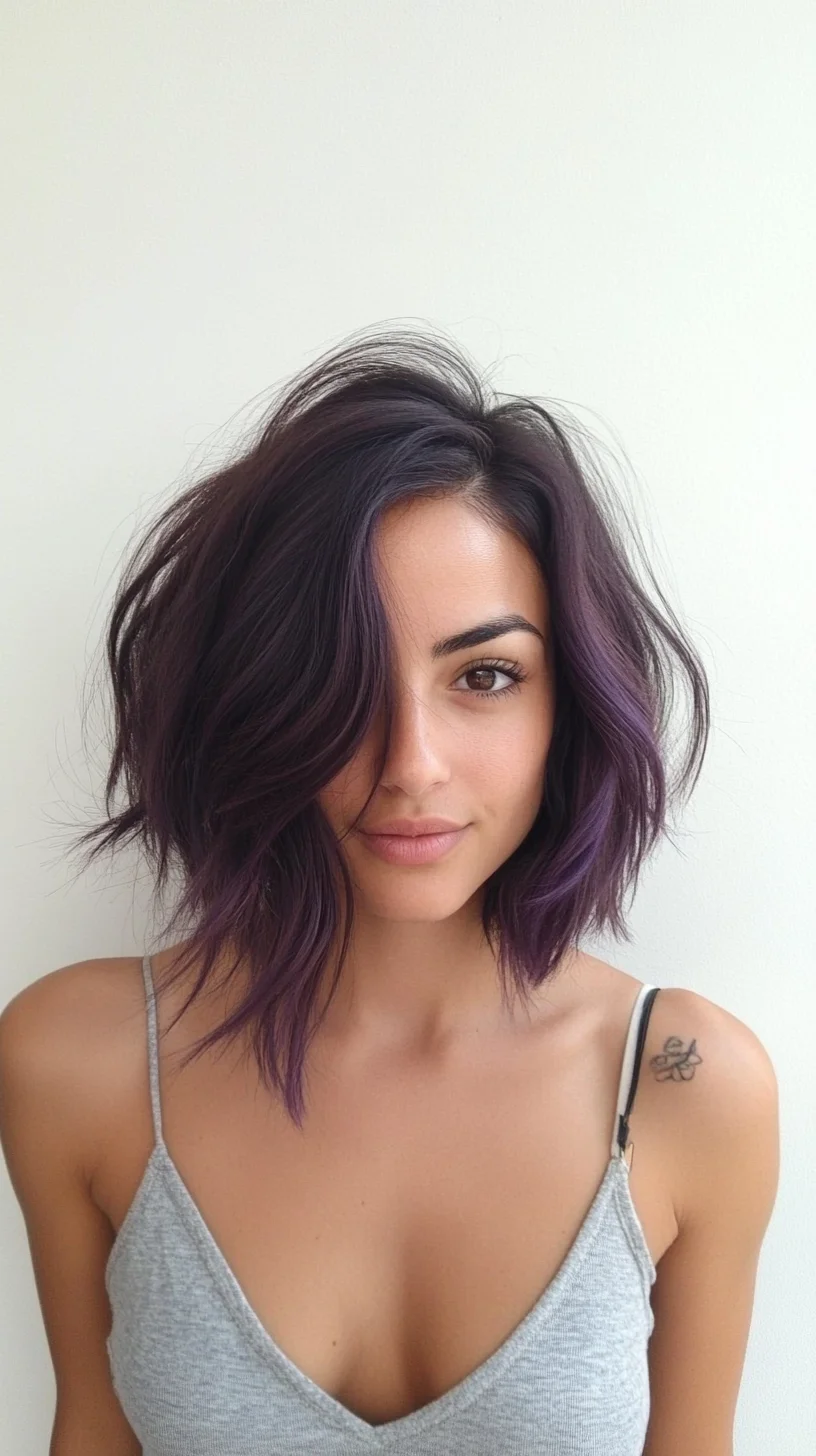 Catchy 
Chic Purple-tinged Bob: Effortless Elegance with a Playful Twist!