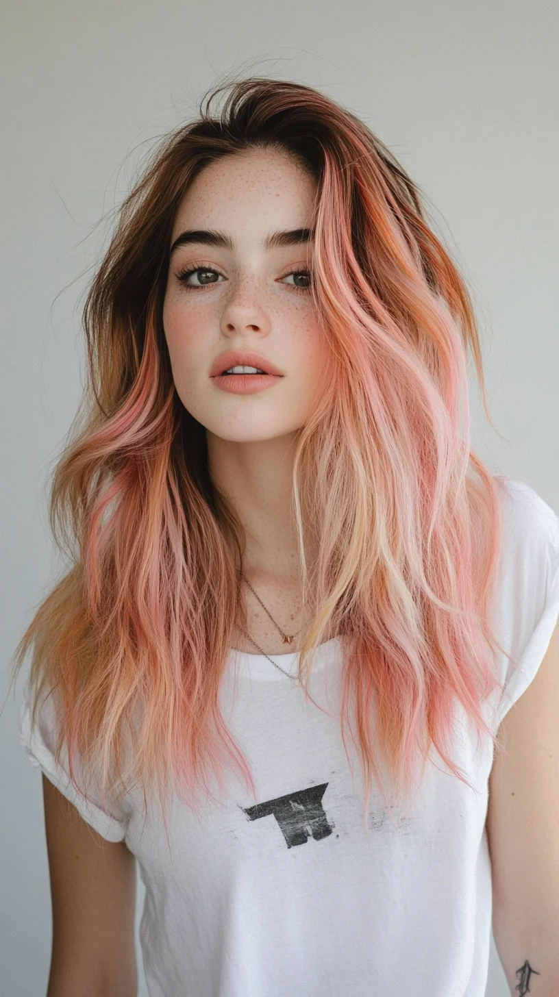 Catchy 
Effortlessly Chic: Flirty Waves with Blush Pink Highlights