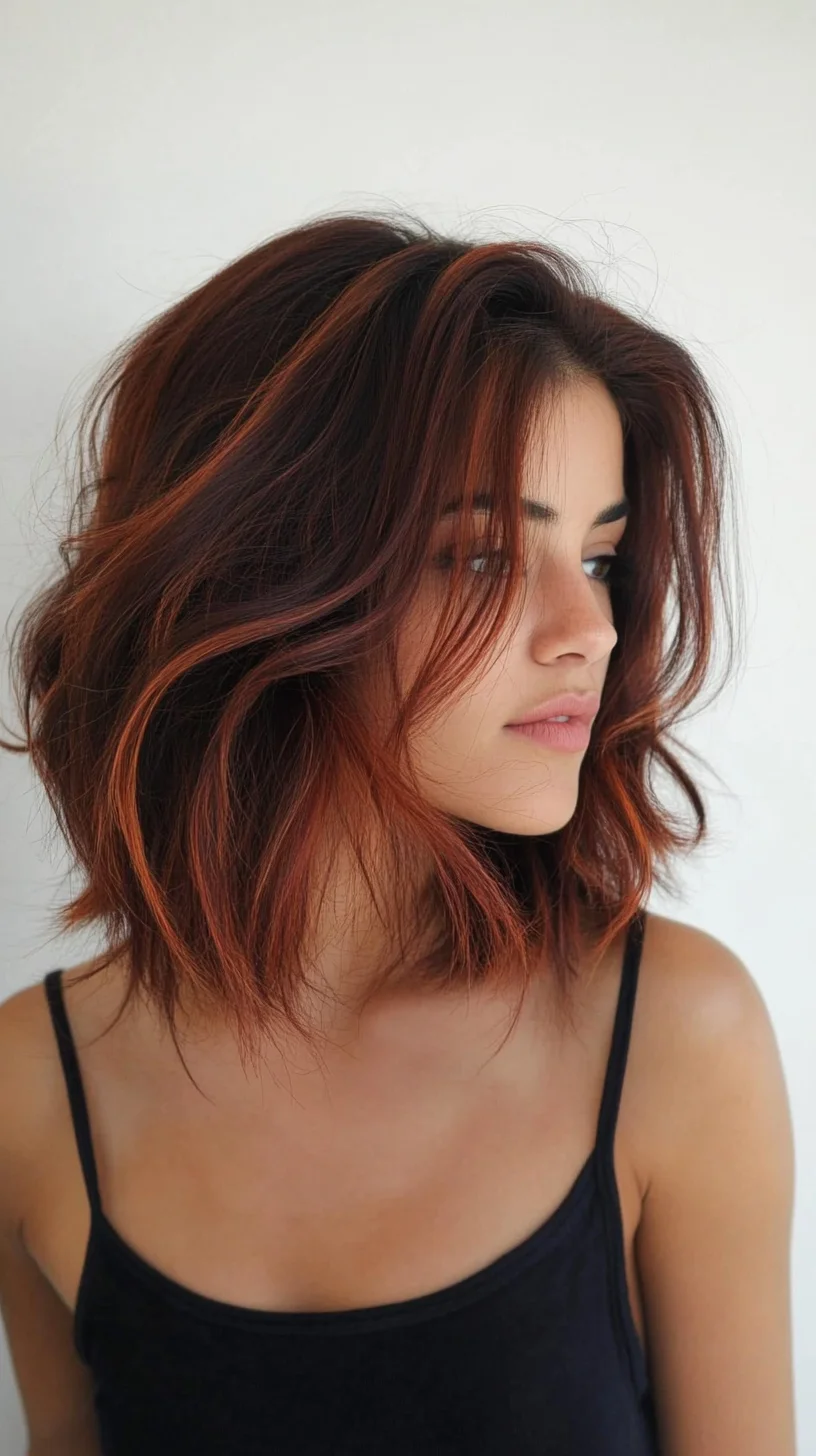 Catchy 
Effortlessly Chic: The Luminous Auburn Textured Bob

 Detailed