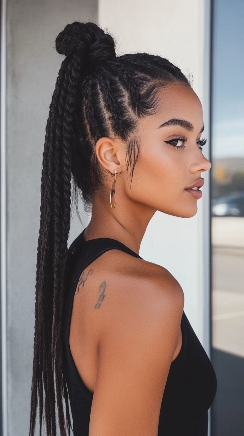 Chic and Sleek: Elevated Braided Ponytail with Top Knot