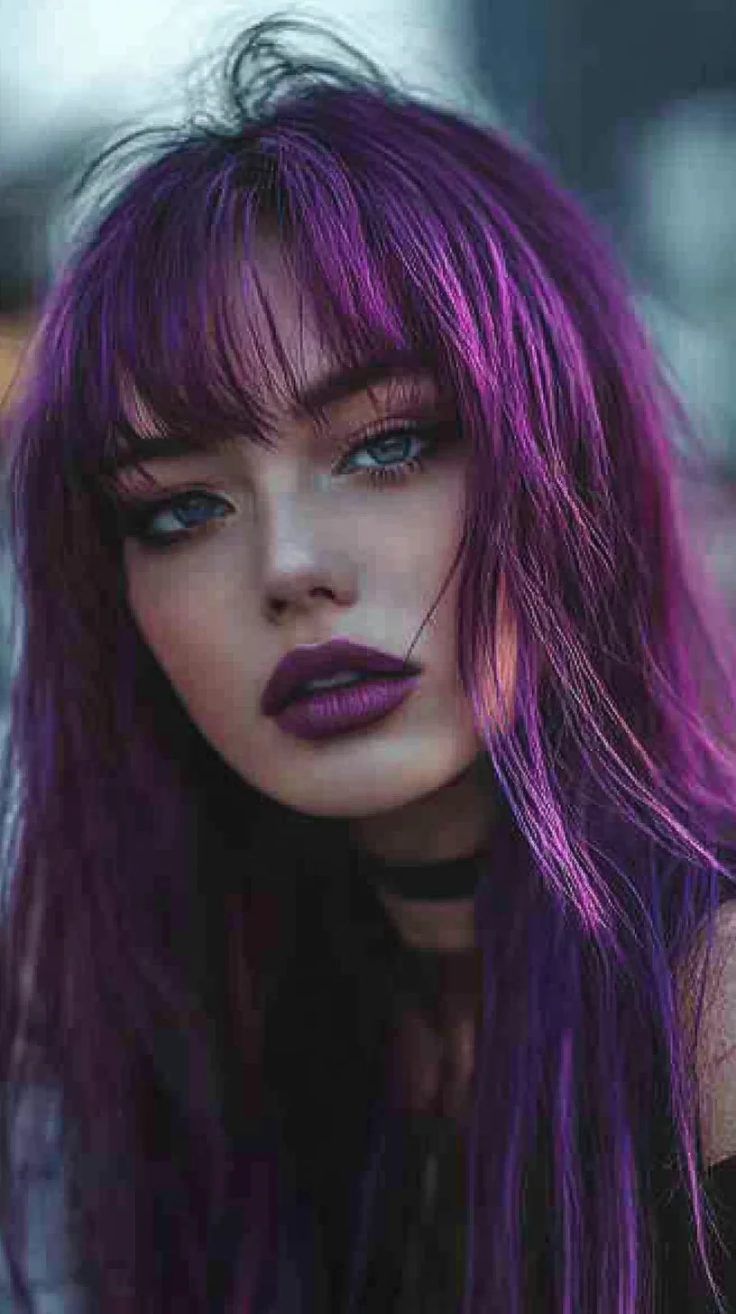 Edgy and Enchanting: Embrace Vibrant Purple Waves with Stunning Bangs