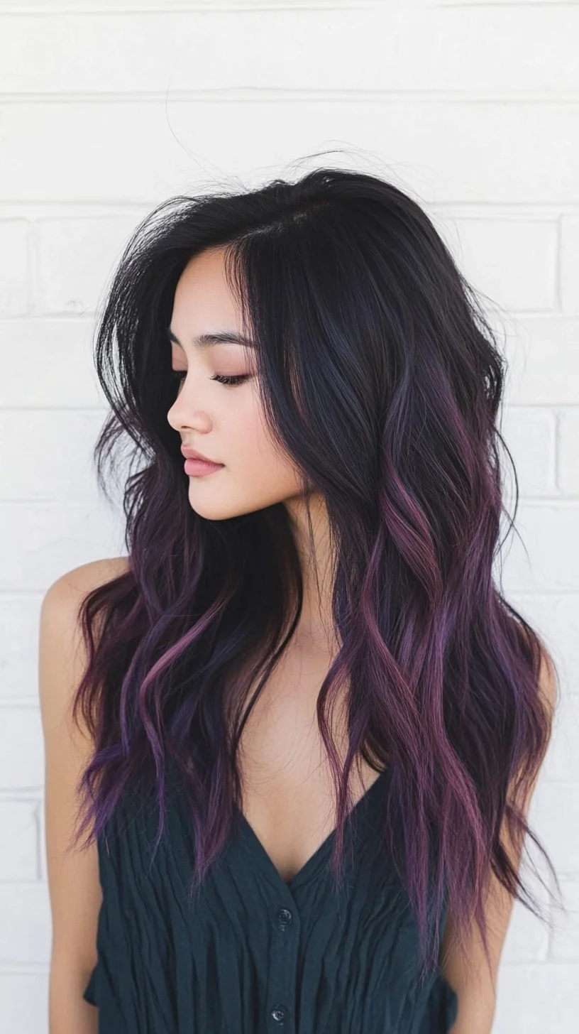 Effortlessly Chic: A Stunning Dark Hairdo with Vibrant Purple Highlights