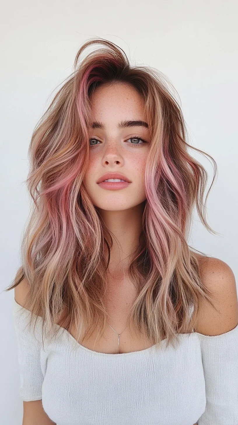 Effortlessly Chic: Beachy Waves with Pink Highlights for a Flawless Look