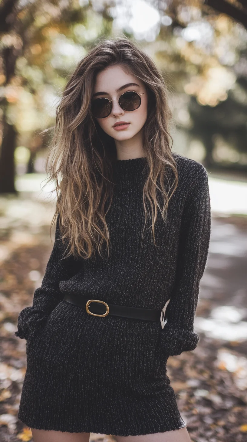 Effortlessly Chic: Cozy Knit Sweater Dress with a Bold Belt and Statement Shades