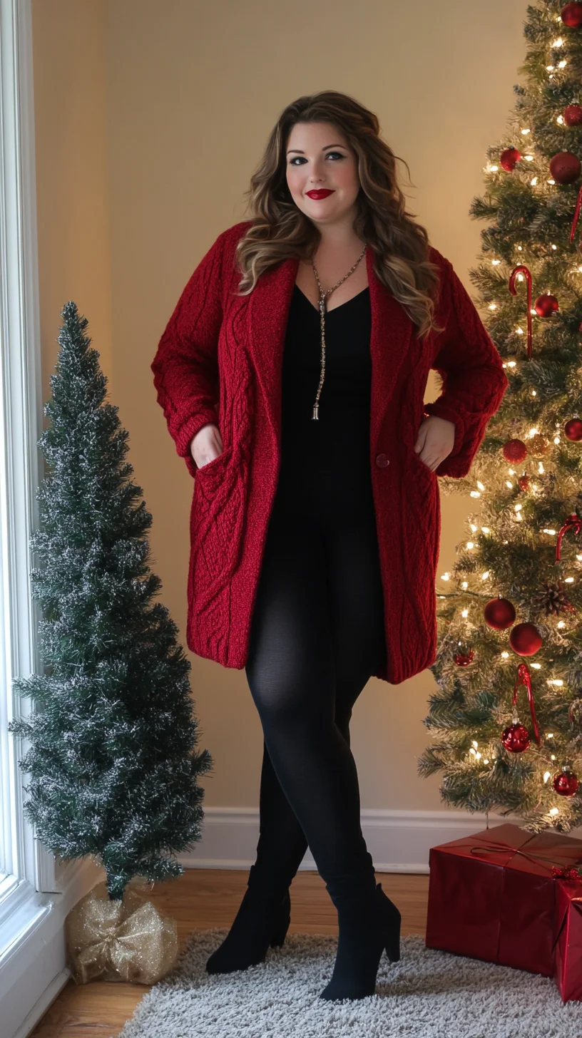 Effortlessly Chic: Cozy Red Cardigan Meets Sleek Black Ensemble