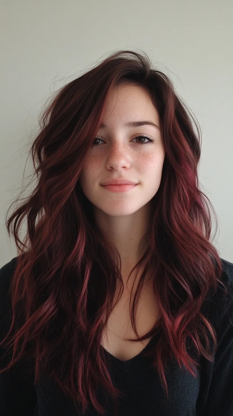 Effortlessly Chic: Layered Waves with Deep Cherry Highlights