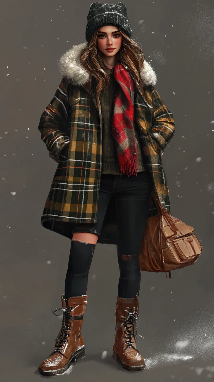 Effortlessly Chic: Layered Winter Warmth with Plaid, Cozy Knits, and Rustic Boots