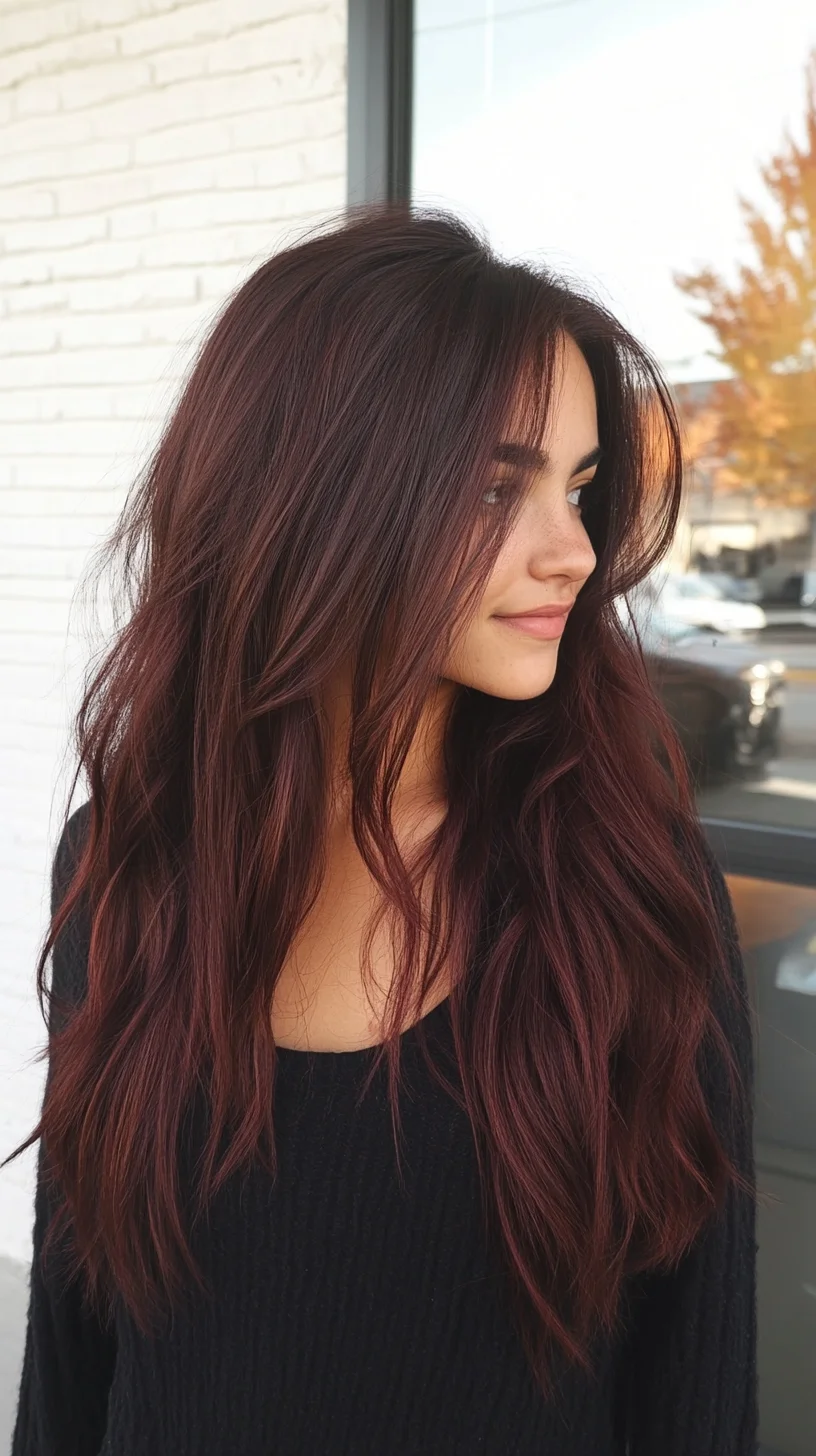 Effortlessly Chic: Long, Luscious Layers with a Deep Burgundy Hue