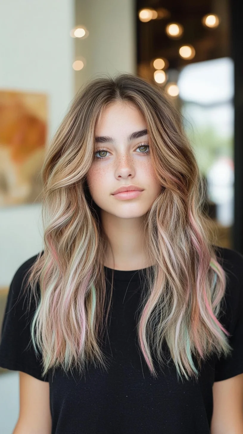 Effortlessly Chic: Long Wavy Hair with Subtle Pastel Highlights