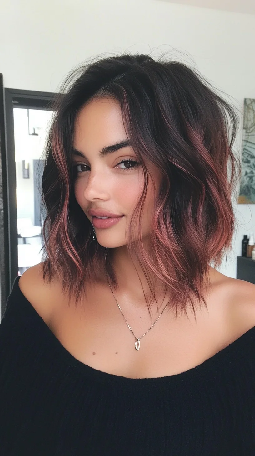 Effortlessly Chic: The Messy Lob with Subtle Rose Highlights