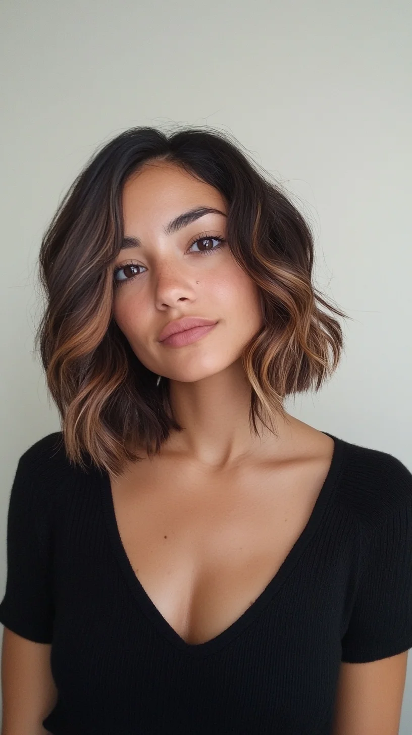 Effortlessly Chic: The Modern Wavy Lob with Sun-Kissed Highlights