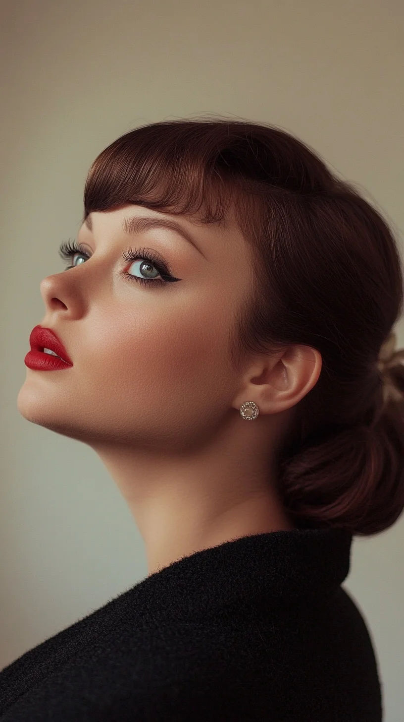 Effortlessly Chic: The Sophisticated Vintage Updo with Bold Bangs