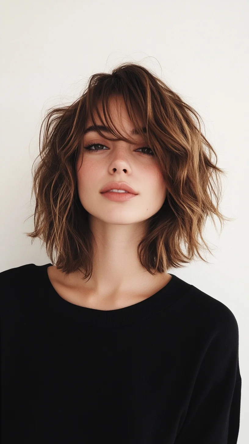 Effortlessly Chic: The Textured Wavy Lob with Bangs