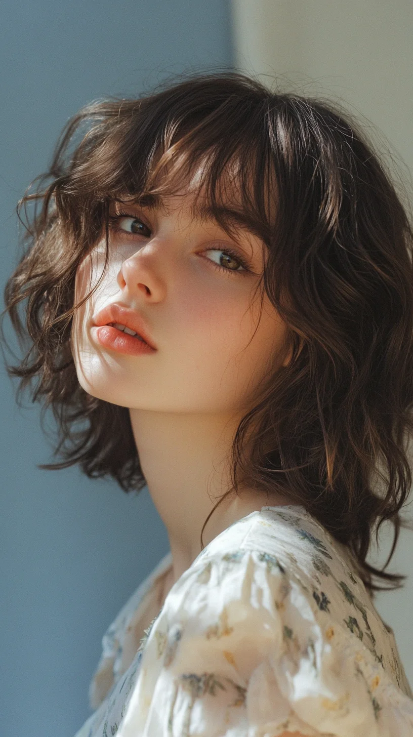 Effortlessly Chic: Tousled Medium-Length Waves with Flattering Bangs