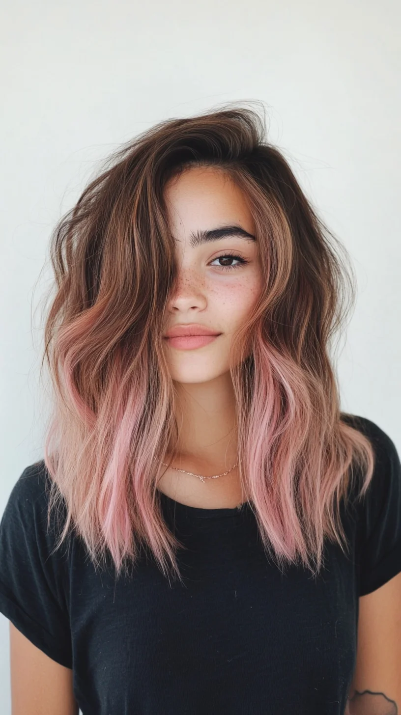 Effortlessly Chic Wavy Lob with Playful Pink Highlights