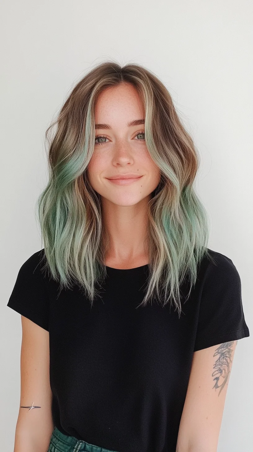 Effortlessly Chic: Wavy Lob with Teal Ombre Highlights